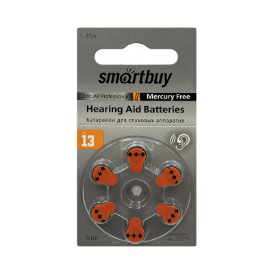 Батарейки Smartbuy для сл.ап ZA13 6BL (цена за 6 шт) оптом по низким ценам!