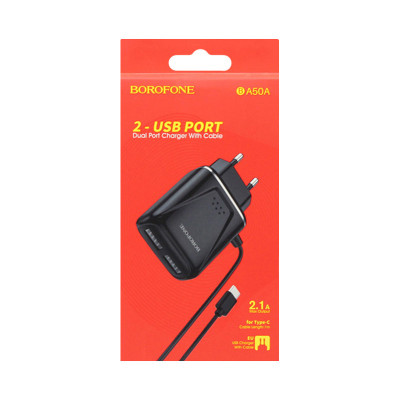 СЗУ USB Borofone BA50A + кабель Type-C черный/белый оптом по низким ценам!