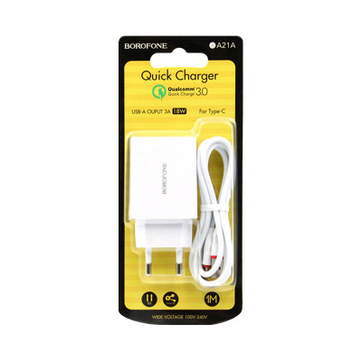 СЗУ USB Borofone BA21A 3А 18W + кабель Type-C оптом по низким ценам!