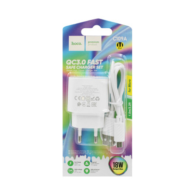 СЗУ USB Hoco C109A 18W 3.0 + кабель micro белый оптом по низким ценам!