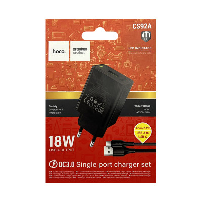 СЗУ USB Hoco CS92A 18W + кабель Type-C черный оптом по низким ценам!