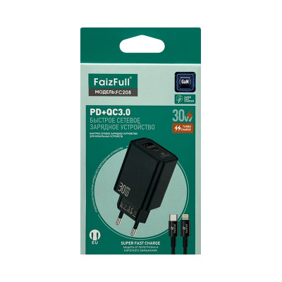 СЗУ Блок FaizFull FC208 PD30W + кабельType-C Lightning 1m черный оптом по низким ценам!