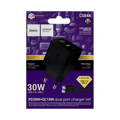 СЗУ Блок Hoco CS84A + кабель Type-C Type-C 30W 1m черный оптом по низким ценам!