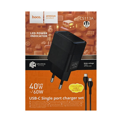 СЗУ Блок Hoco CS113A 40W + кабель Type-C Type-C 1m черный оптом по низким ценам!