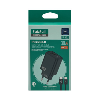 СЗУ Блок FaizFull FC208 PD30W + кабель Type-C Type-C черный оптом по низким ценам!
