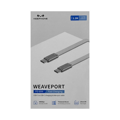 Кабель Type-C на Type-C Keephone WEAVEPORT 60W 1,2M титан оптом по низким ценам!
