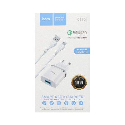 СЗУ USB Hoco C12Q 3,0 + кабель micro белый оптом по низким ценам!